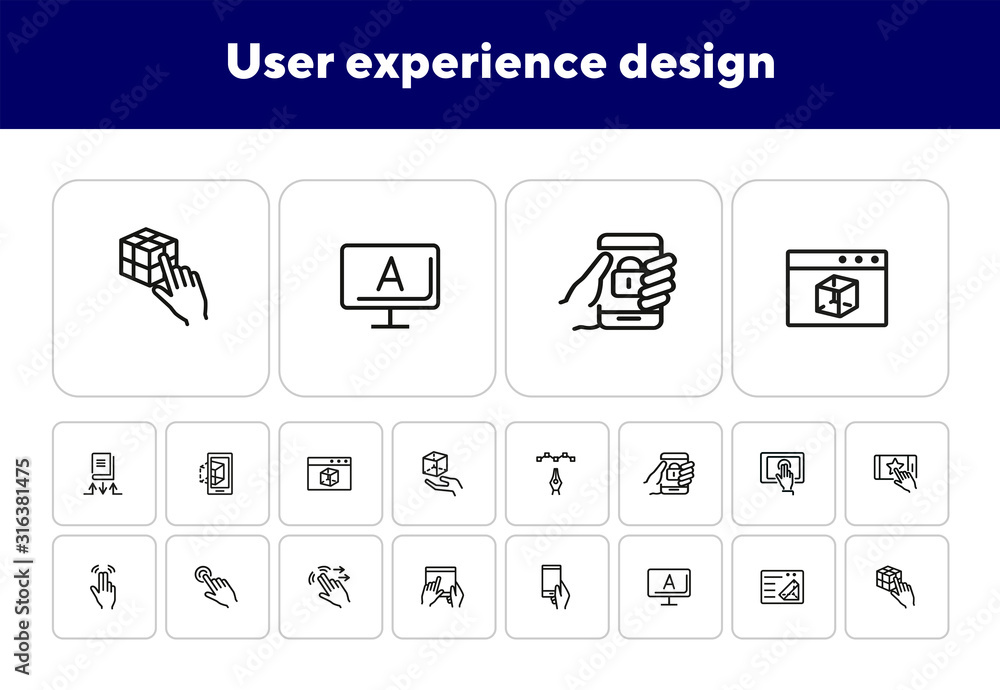 Poster user experience design line icon set. computer, hand, gadget. app concept. can be used for topics li