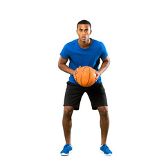 Full-length shot of Afro American basketball player man over isolated white background