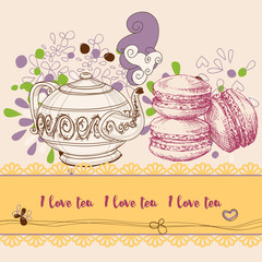 Tea and cookies leaflet, macaron design elements and a frame for text