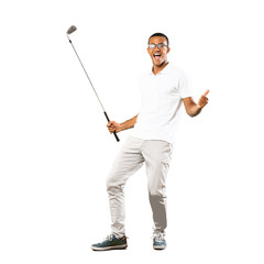 Full-length shot of Afro American golfer player man over isolated white background