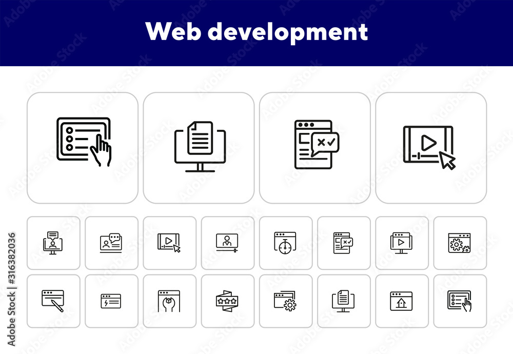 Poster web development icons. set of line icons on white background. homepage, setting folder, webinar. com