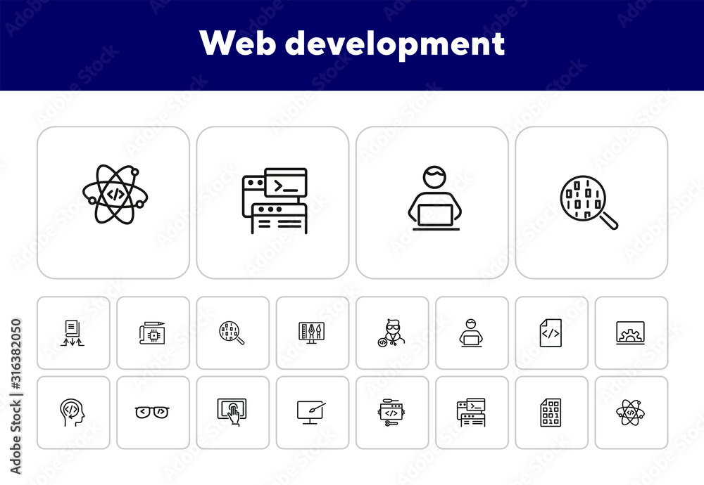 Poster web development line icon set. set of line icons on white background. developer, internet, technolog