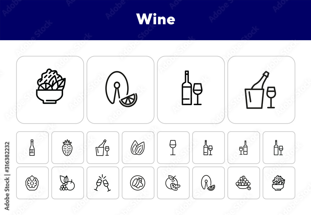 Poster wine line icon set. set of line icons on white background. drinking concept. grape, fruit, bottle. v