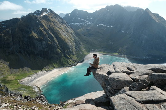 famous kvalvika beach in lofoten islands. view from ryten mountain and turquoise water