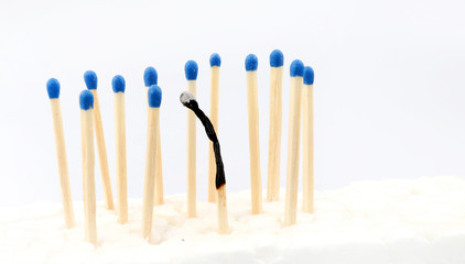 New matches around a burnt one. Stress burnout concept.