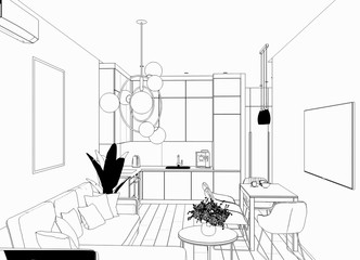 Fototapeta premium interior contour visualization, 3D illustration, sketch, outline