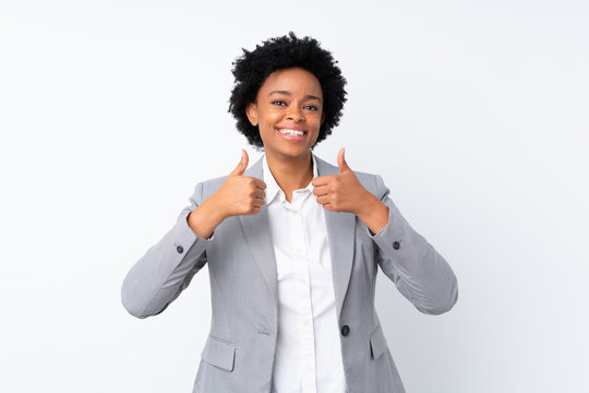 African american business woman over isolated white background giving a thumbs up gesture