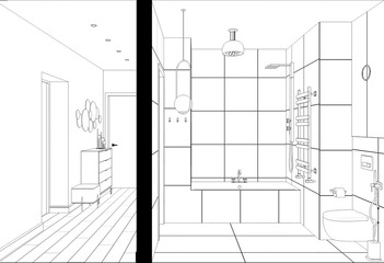 interior contour visualization, 3D illustration, sketch, outline
