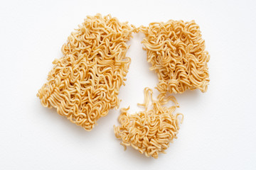 Yellow instant noodle of uncook food on white background with copyspace.
