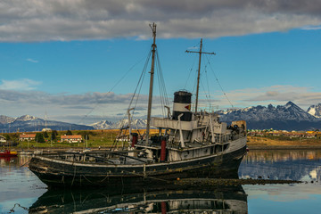 Landscape view of Saint Christopher ship on the Beagle Channel bay in Ushuaia, Tierra del Fuego,...