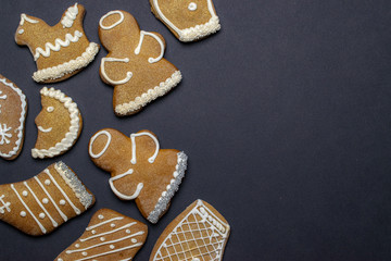 Gingerbread cookies, Christmas homemade gingerbread with empty copy space. Celebration cooking Winter concept. New year and Xmas postcard or invitation