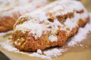 Traditional Christmas Stollen dusted with sugar
