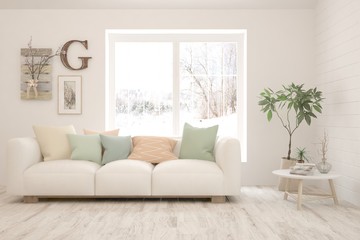Stylish room in white color with sofa and winter landscape in window. Scandinavian interior design. 3D illustration