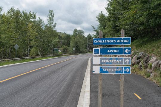 Signpost On Side Road Warning Challenges Ahead And Three Options, Decision Concept