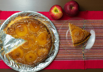 Brazilian apple pie, sweet very famous in Brazil on the wood table kitchen. Top View.