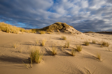 Dunes in the Slowinski National Park. Landscape with beautiful sky, clouds and dunes in the sun. Czolpino, Leba, Poland.