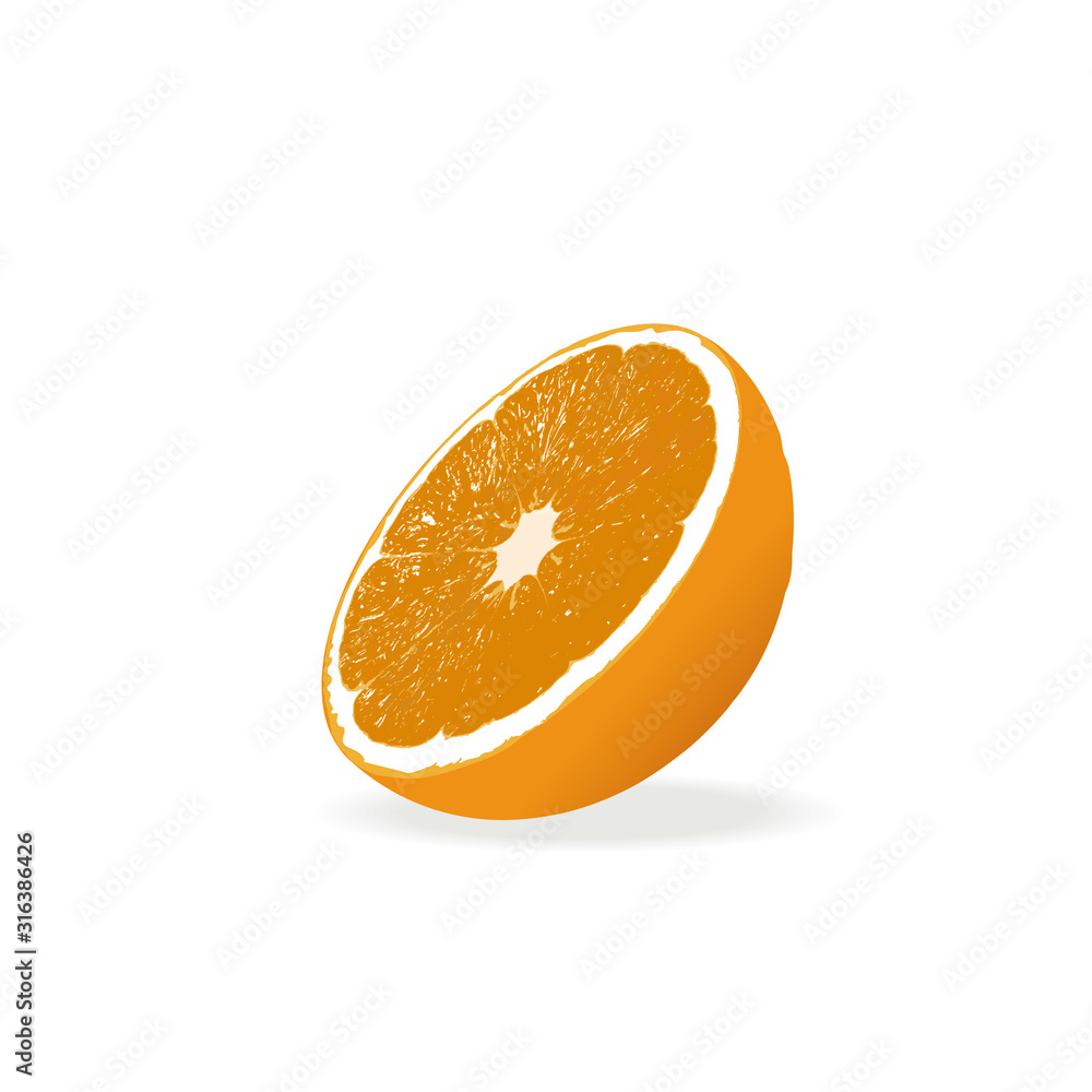 Aufkleber vector image of an orange cut in half and viewed tilted, isolated on white background with shadow