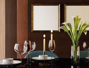 Blank poster frame in luxury interior with wooden wall, side table and premium chairs. 3d render