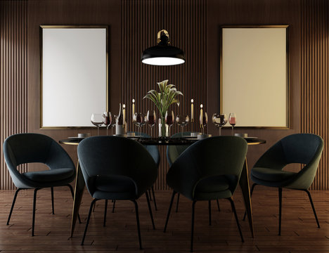 Luxury interior with wooden wall, side table and premium chairs. 3d render