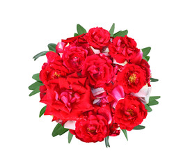 Bright red roses. Bouquet is isolated on a white background. View from above.