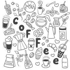 Set of cartoon beverages, coffee drink in doodle style. Various cups, sweets and coffe objects. Easy to change colors.