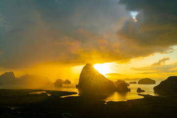 Morning sunrise on sea bay mangrove tropical rainforest colourful sky with cloud