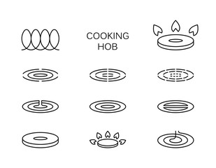Set of types of kitchen hobs. Linear icon for gas and electric stoves. Black simple illustration. Contour isolated vector image on white background. Symbol of glass ceramic, halogen, induction
