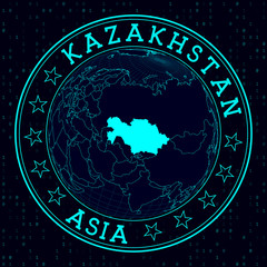 Kazakhstan round sign. Futuristic satelite view of the world centered to Kazakhstan. Country badge with map, round text and binary background. Powerful vector illustration.