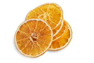 Stack of dried orange slices isolated on white