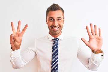 Young handsome elegant business man over isolated background showing and pointing up with fingers number eight while smiling confident and happy.
