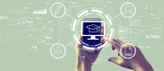 E-learning concept with person holding a white smartphone