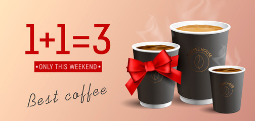 Coffee to Go advertising poster buy two get three cups, one as gift with red ribbon bow, realistic illustration