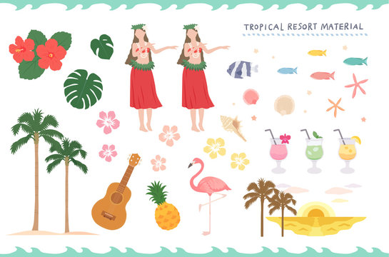 Illustration material set of tropical resort