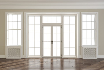 Empty room with wooden floor and large windows and doors, 3d render