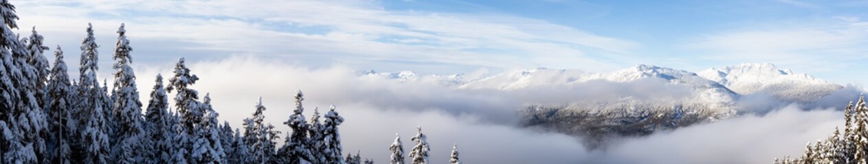 Fototapeta na wymiar Whistler, British Columbia, Canada. Beautiful Panoramic View of the Canadian Snow Covered Mountain Landscape during a cloudy and foggy winter day.