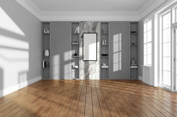 Empty room interior with wooden floor and modern wall shelves decoration. 3d render