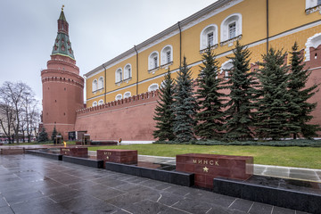 Alexander garden of Kremlin on Red Square on a cloudy overcast winter day.