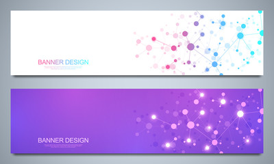 Banners design template with molecular structures and neural network. Abstract molecules and genetic engineering background. Science and innovation technology concept.