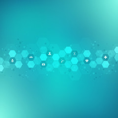 Abstract background of medicine with flat icons and symbols. Template design with concept and idea for healthcare technology, innovation medicine, health, science and research. Vector illustration.