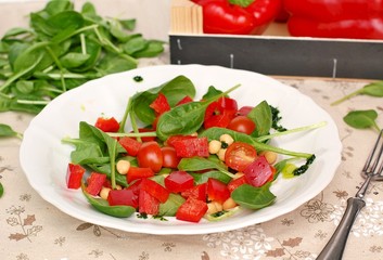 Vegetable salad with spinach,tomato,pepper,chickpea and greeen pesto on white plate