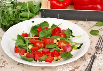 Vegetable salad with spinach,tomato,pepper,chickpea and greeen pesto on white plate