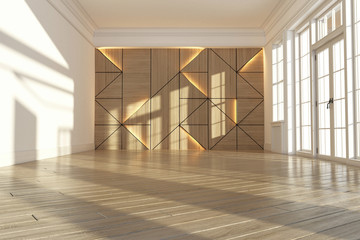 Fototapeta premium Geometric wooden wall. Interior and decor idea. Modern and contemporary style. Laminate design background.