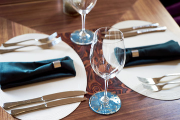 Restaurant table setting with Empty clean glasses. Banquet dining table