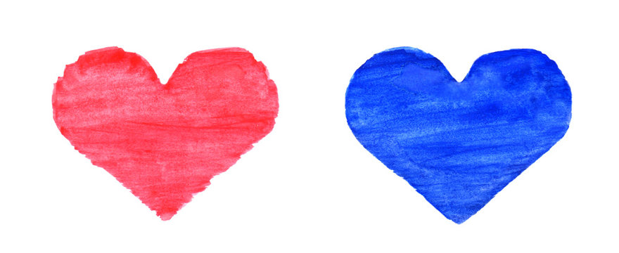 Hand drawn isolated watercolor red and blue hearts