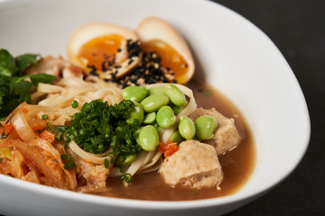 Asian noodles soup, ramen with chicken, tofu, vegetables and egg, close-up