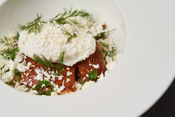 Smoked trout with mashed potatoes and sour cream snow