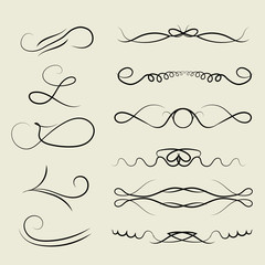 Hand drawn decorative curls, swirls, dividers collection. Design Ink elements illustration. Victorian set of brown gradient ornate page decor elements banners, frames, dividers, ornaments and patterns