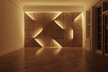 Geometric wooden wall. Interior and decor idea. Modern and contemporary style. Laminate design background.