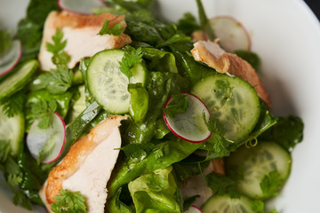 Farm chicken salad romaine lettuce and tarragon pesto, close-up