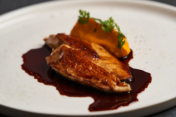 Sous vide chicken breast with mashed young carrots and chicken jus